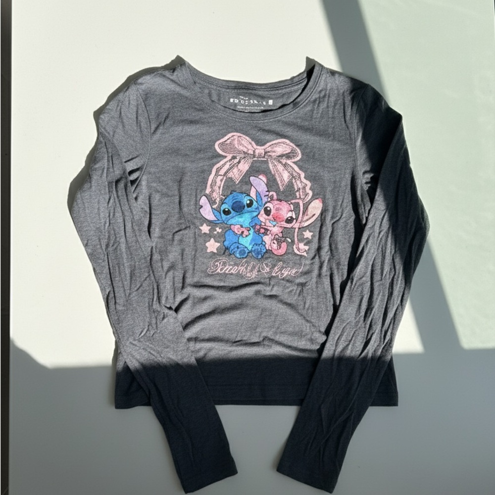 Disney Kids Dark Gray Long Sleeve Shirt with Stitch and Angel